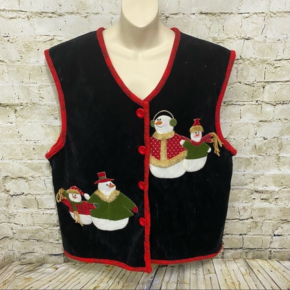Snowman Christmas Embroidered Black Red Velvet Holiday Vest - Picture 1 of 4